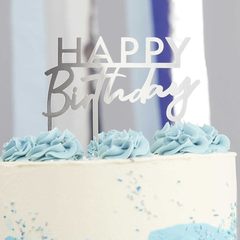 Happy birthday tårtdekoration Caketopper silver